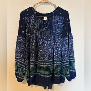 Gap Teal White Peasant Boho LS Blouse SZ Md